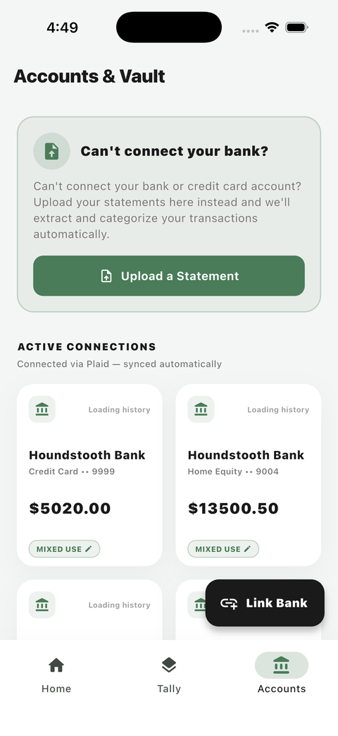UncleLess Accounts & Vault screen showing linked bank accounts