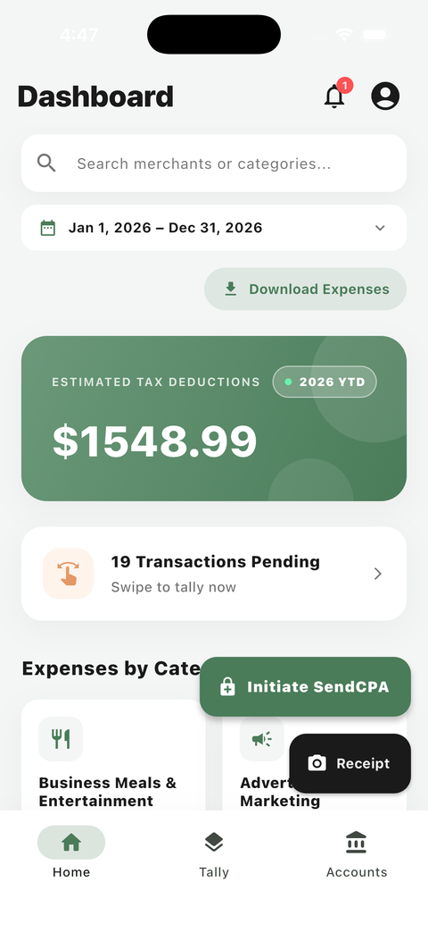 UncleLess dashboard showing total business expenses and expenses by category
