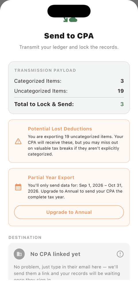 UncleLess Send to CPA screen for transmitting your ledger