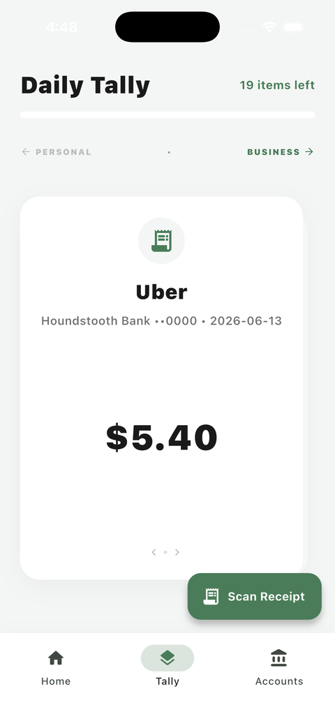 UncleLess Daily Tally screen for swiping a transaction as business or personal